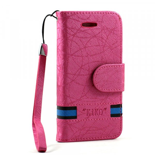 Wholesale Apple iPhone 5 5S Cloth Flip Leather Wallet TPU Case with Strap and Stand (Hot Pink)